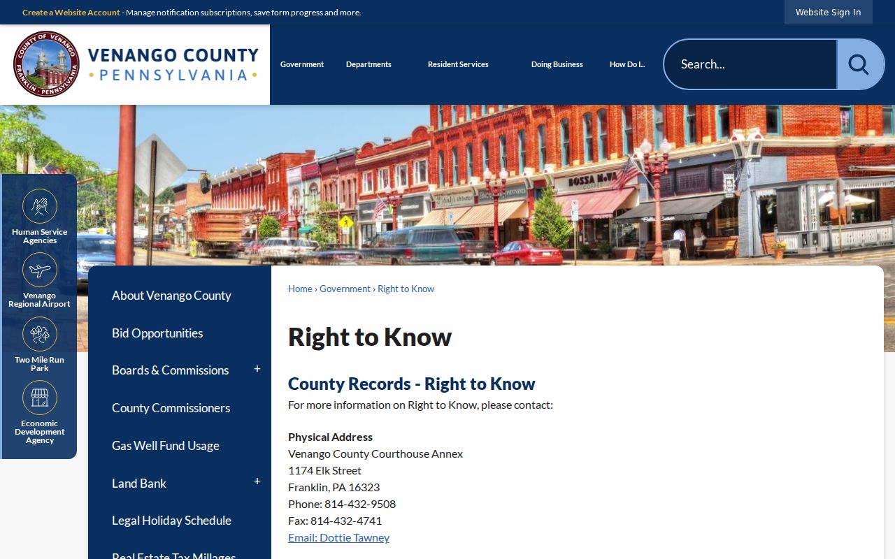 Venango County criminal records Right-to-Know request page