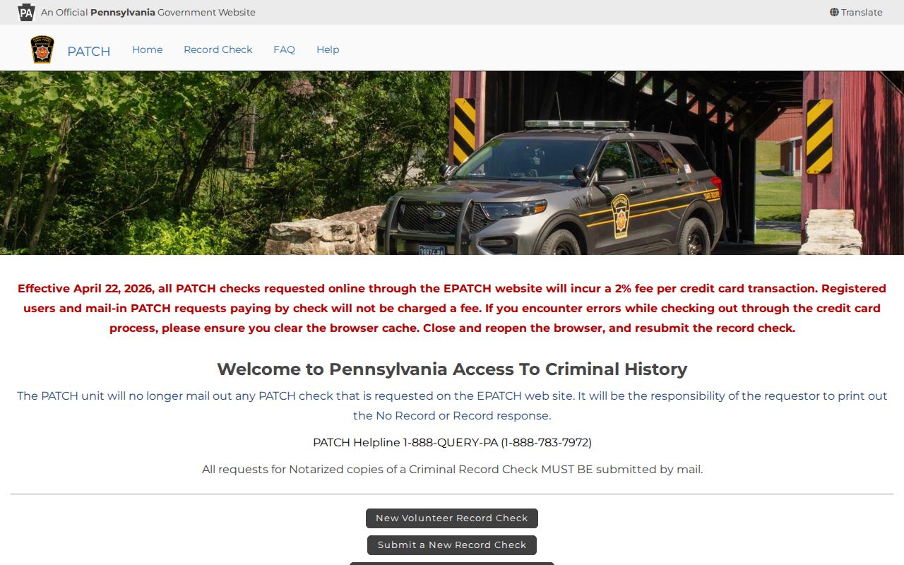 PATCH portal for an official Venango County criminal history check