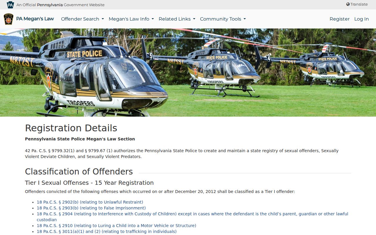 Pennsylvania tier requirements for Venango County sex offender registry searches